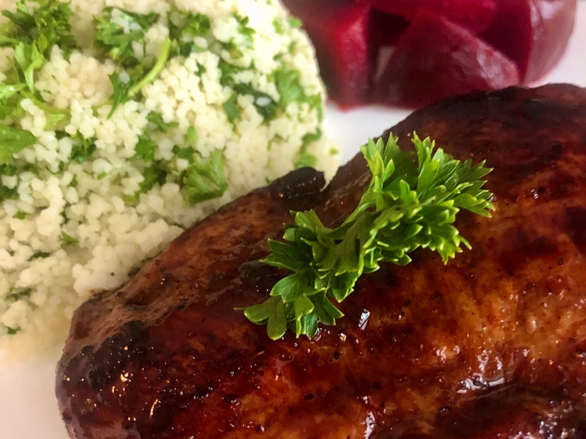 Day 59: Glazed Moroccan chicken with pomegranate molasses, pickled beets and lemon parsley couscous